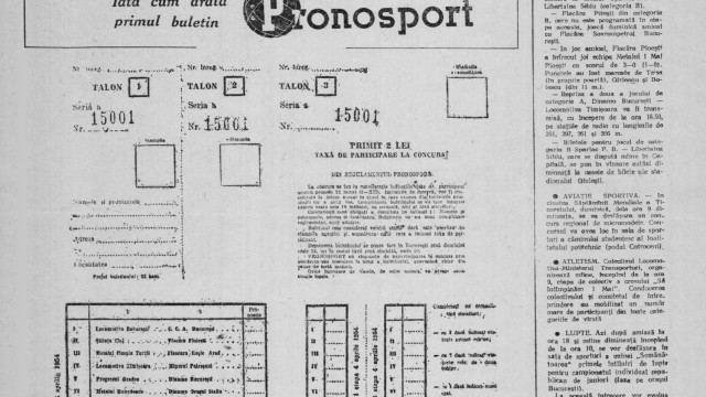 Primul talon al jocului Pronosport, publicat în "Sportul Popular"